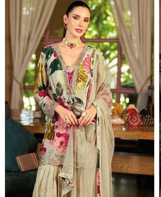 Ivory floral print wedding gharara suits free size full stitched upto 44 2