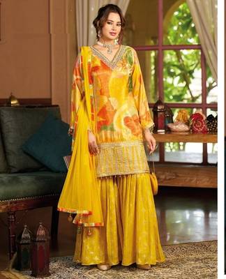 Yellow floral print wedding gharara suits free size full stitched upto 44 1