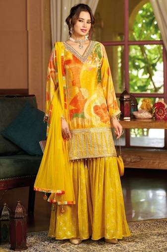 Yellow floral print wedding gharara suits free size full stitched upto 44