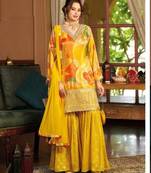 Yellow floral print wedding gharara suits free size full stitched upto 44