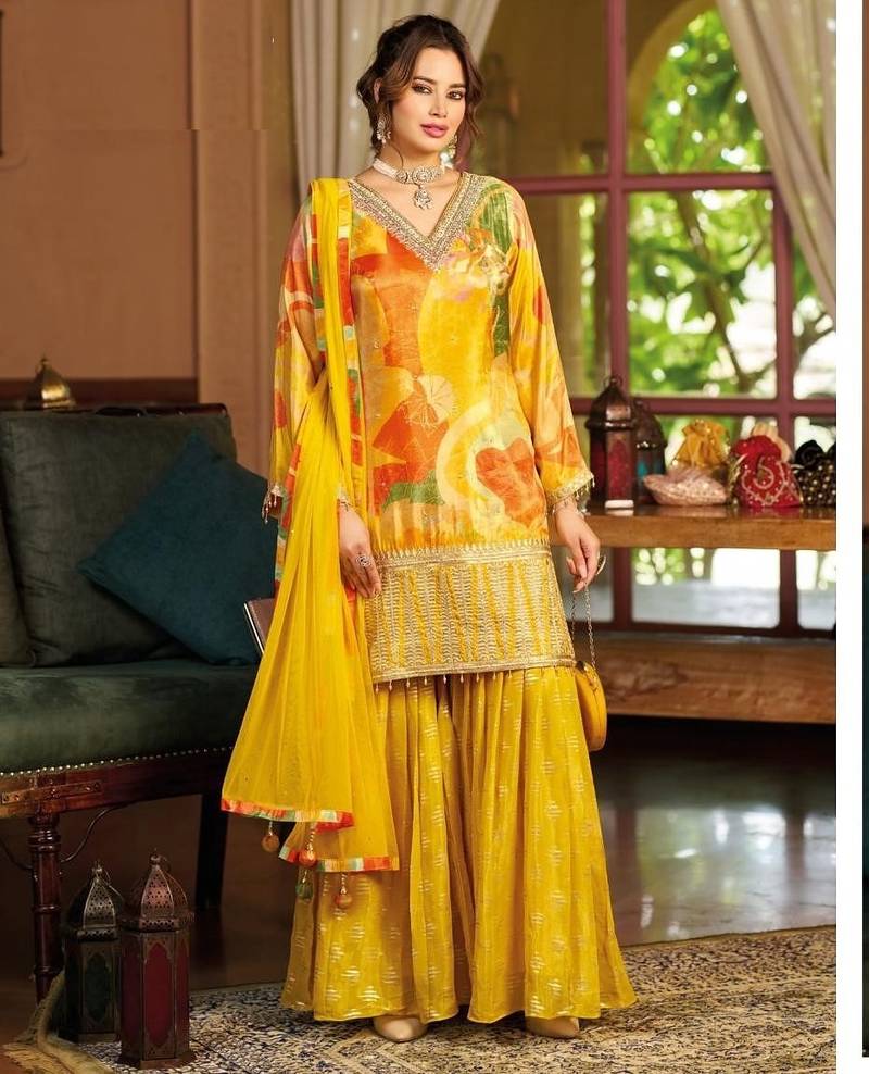 Yellow floral print wedding gharara suits free size full stitched upto 44