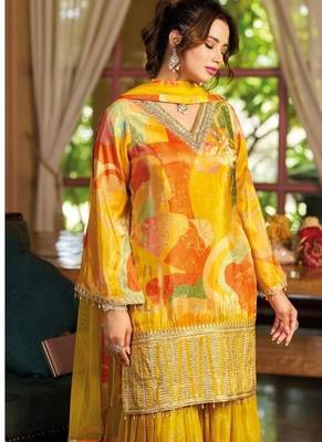 Yellow floral print wedding gharara suits free size full stitched upto 44 2