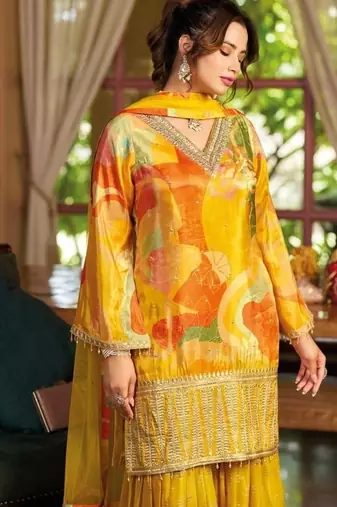Yellow floral print wedding gharara suits free size full stitched upto 44