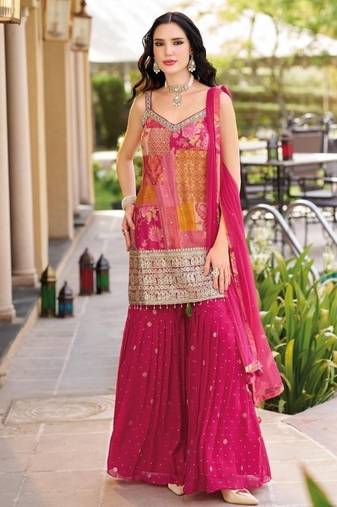 Pink wedding gharara suits free size full stitched upto 44