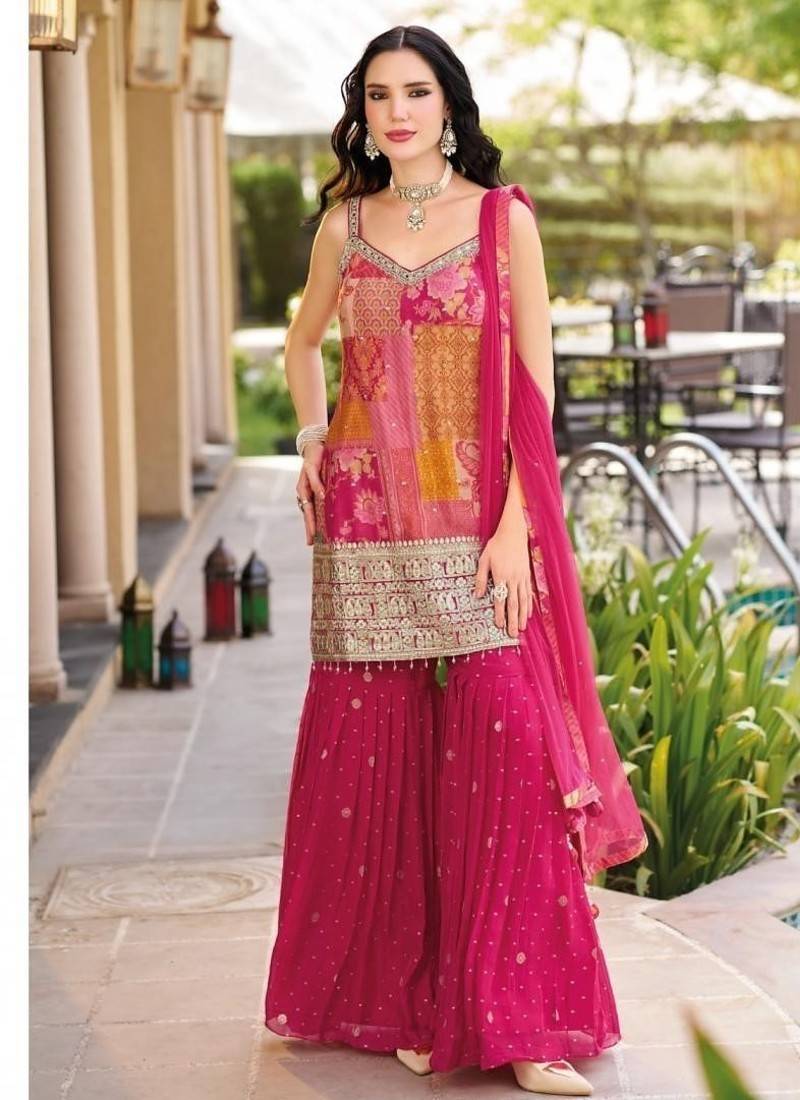 Pink wedding gharara suits free size full stitched upto 44