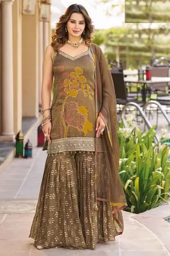 Brown wedding gharara suits free size full stitched upto 44