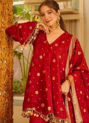 red color weaving and coin lace satin silk blend salwar kameez set 2