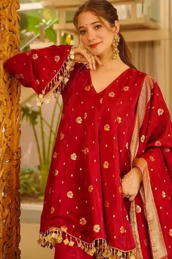 red color weaving and coin lace satin silk blend salwar kameez set