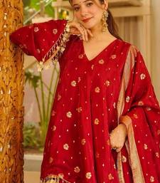 red color weaving and coin lace satin silk blend salwar kameez set