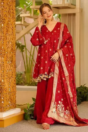 red color weaving and coin lace satin silk blend salwar kameez set