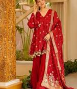 red color weaving and coin lace satin silk blend salwar kameez set