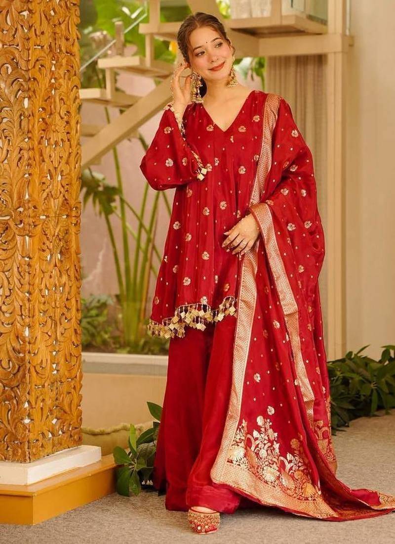 red color weaving and coin lace satin silk blend salwar kameez set