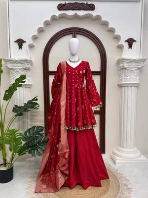 red color weaving and coin lace satin silk blend salwar kameez set 3