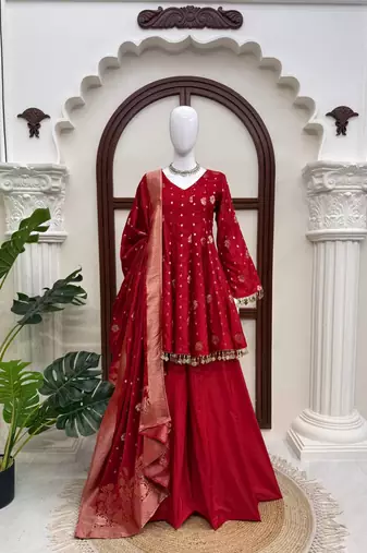red color weaving and coin lace satin silk blend salwar kameez set