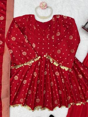 red color weaving and coin lace satin silk blend salwar kameez set 4