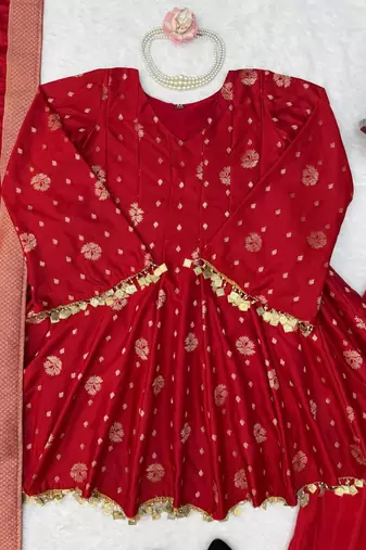 red color weaving and coin lace satin silk blend salwar kameez set
