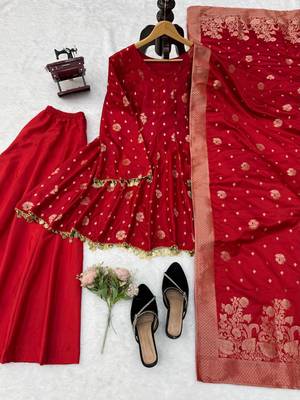 red color weaving and coin lace satin silk blend salwar kameez set 5