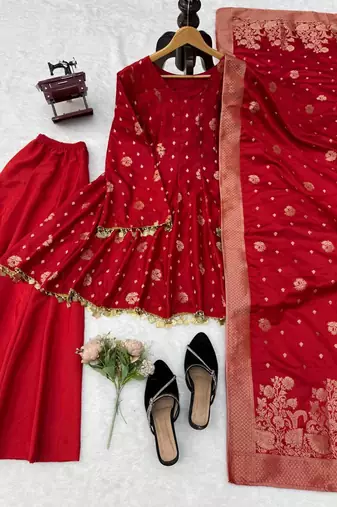 red color weaving and coin lace satin silk blend salwar kameez set