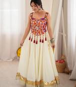 Cream Rayon Navratri Wear Lehenga With Thread Work Choli