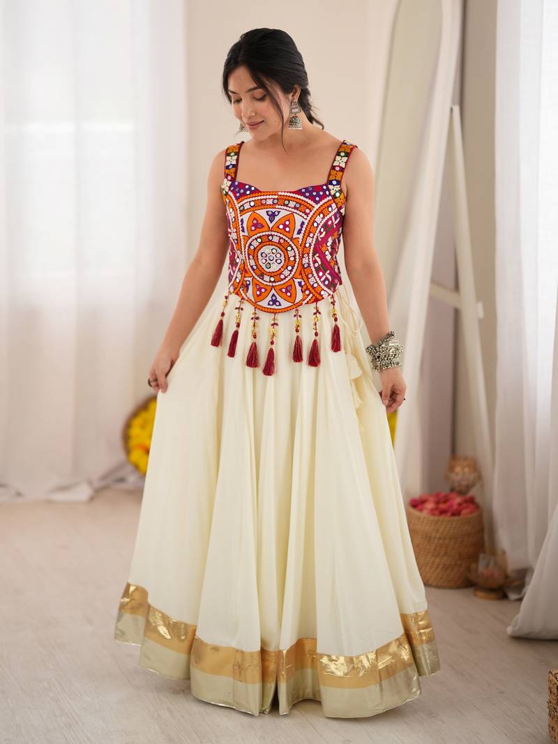 Cream Rayon Navratri Wear Lehenga With Thread Work Choli