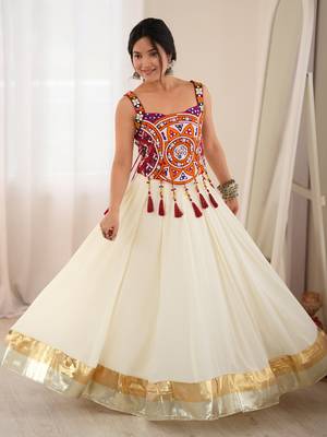 Cream Rayon Navratri Wear Lehenga With Thread Work Choli 2