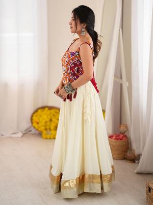 Cream Rayon Navratri Wear Lehenga With Thread Work Choli 3