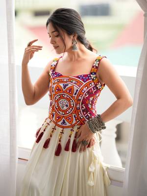 Cream Rayon Navratri Wear Lehenga With Thread Work Choli 5