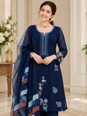 navy blue color thread work silk blend salwar kameez set 2