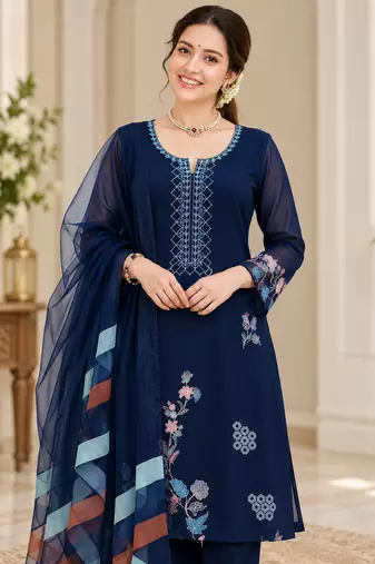 navy blue color thread work silk blend salwar kameez set