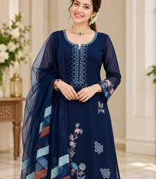 navy blue color thread work silk blend salwar kameez set