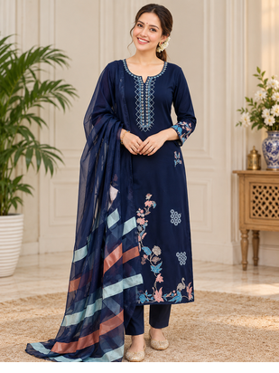 navy blue color thread work silk blend salwar kameez set 1