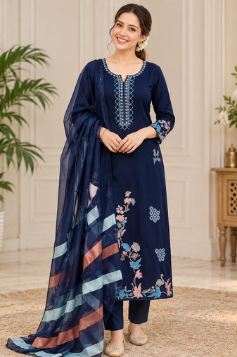 navy blue color thread work silk blend salwar kameez set
