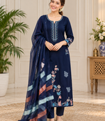 navy blue color thread work silk blend salwar kameez set