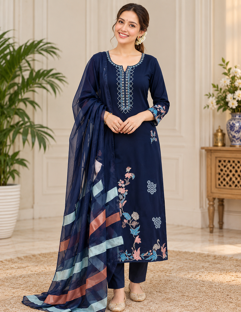 navy blue color thread work silk blend salwar kameez set