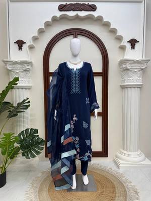 navy blue color thread work silk blend salwar kameez set 3