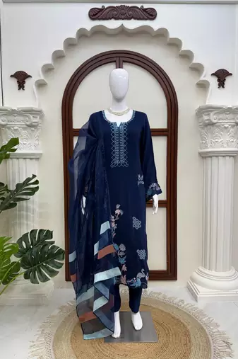 navy blue color thread work silk blend salwar kameez set