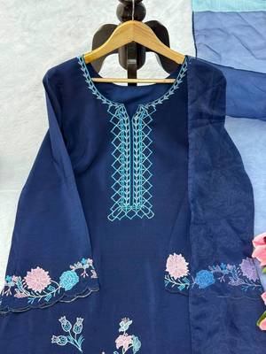 navy blue color thread work silk blend salwar kameez set 4