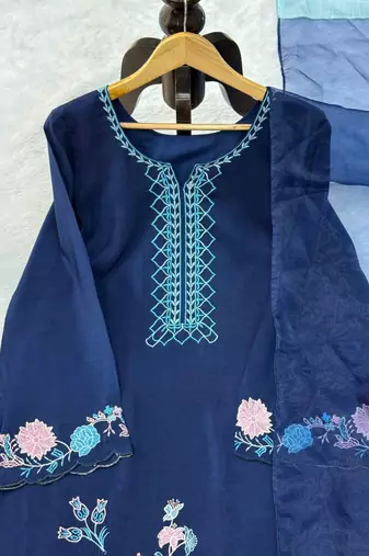 navy blue color thread work silk blend salwar kameez set