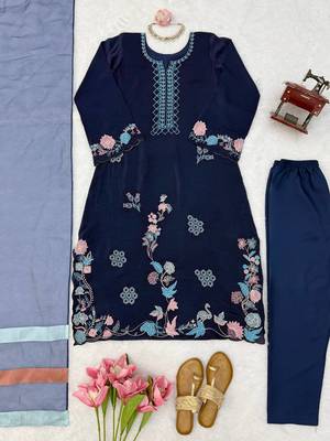 navy blue color thread work silk blend salwar kameez set 5