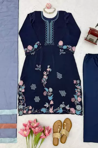 navy blue color thread work silk blend salwar kameez set