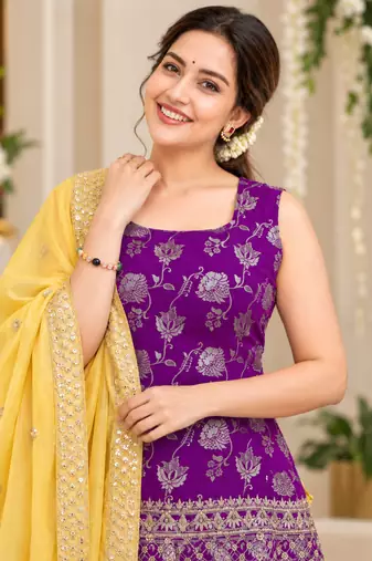 purple color thread with sequence work jacquard salwar kameez set