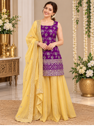 purple color thread with sequence work jacquard salwar kameez set 1