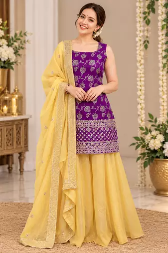 purple color thread with sequence work jacquard salwar kameez set