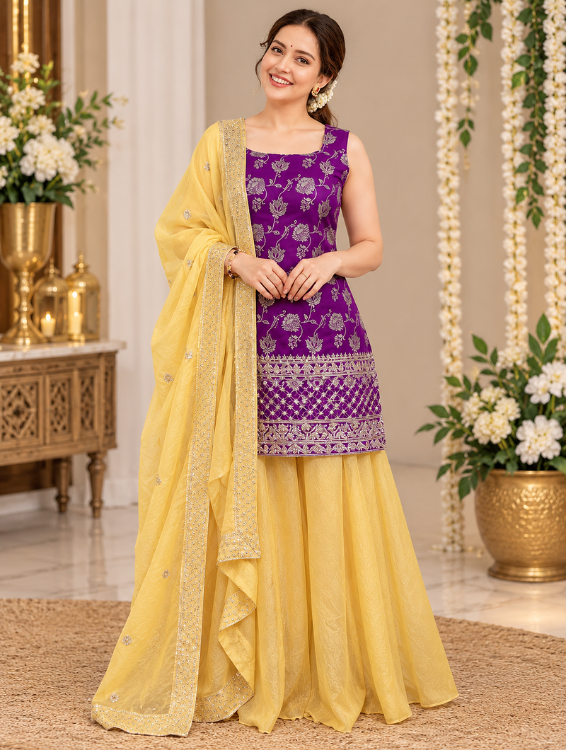 purple color thread with sequence work jacquard salwar kameez set