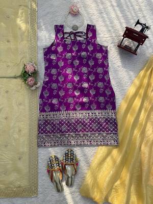 purple color thread with sequence work jacquard salwar kameez set 4
