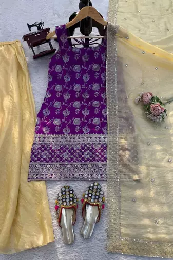purple color thread with sequence work jacquard salwar kameez set
