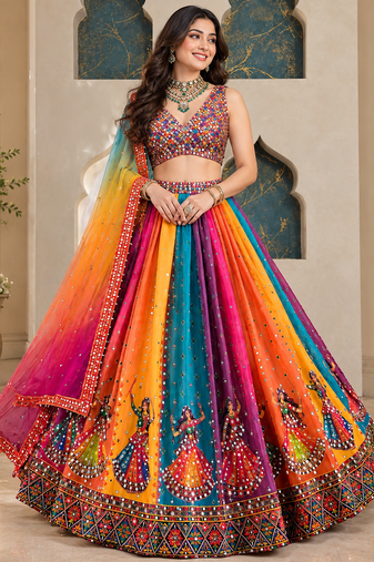 Multicolor Digital Print Mirror Work Georgette Lehenga Choli