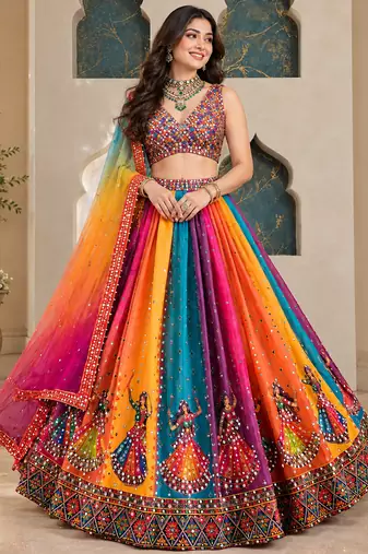 Multicolor Digital Print Mirror Work Georgette Lehenga Choli