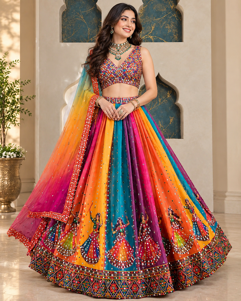 Multicolor Digital Print Mirror Work Georgette Lehenga Choli