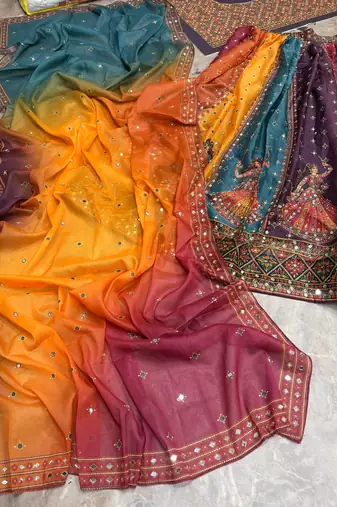Multicolor Digital Print Mirror Work Georgette Lehenga Choli